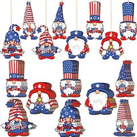 Qunclay 24 Pieces Patriotic Gnome Wood Ornaments 4th of July Independence Day Gnome Wooden Pendant Leprechaun Gnome Ornament Decoration for Indep