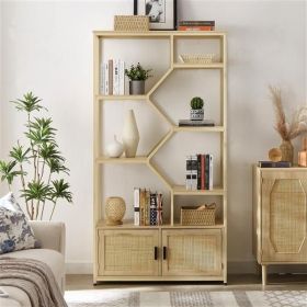 Rattan bookshelf 7 tiers Bookcases Storage Rack with cabinet for Living Room Home Office, Natural, 39.4'' W x 13.8'' D x 75.6'' H.