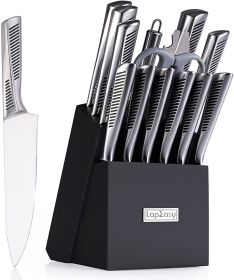 Kitchen Knife Set. LapEasy 15 Piece Knife Sets With Block Chef Knife Stainless Steel Hollow Handle Cutlery With Manual Sharpener (Color: Black)